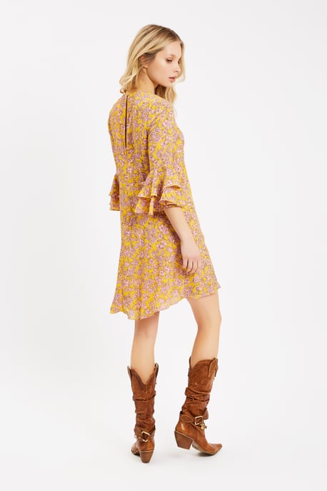 Floral Long Sleeve Printed Mini Dress in Yellow and Pink