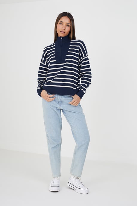 Navy 'Jottie' Striped 1/2 Zip Knitted Jumper