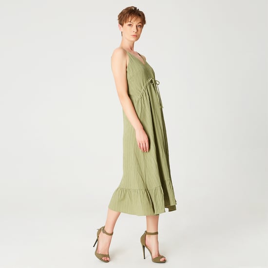 Trapeze midi dress with drawstring and thin shoulder straps
