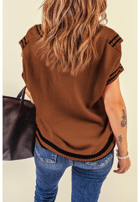 Azura Exchange Women's Contrast Stripes V Neck Short Sleeve Sweater in Brown - Image 3