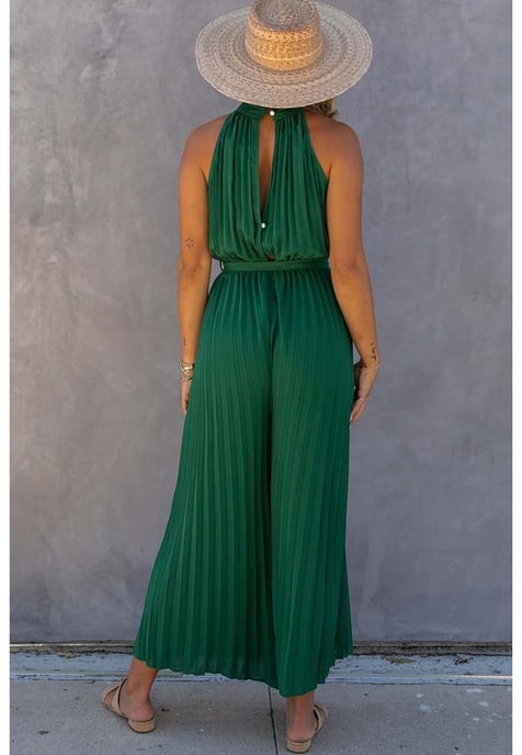 Damen-Jumpsuit mit weitem Bein und Plissierung und Gürtel in Grün - Image 3
