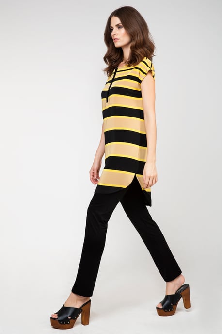 Sleeveless tunic in striped rayon-elastane fabric