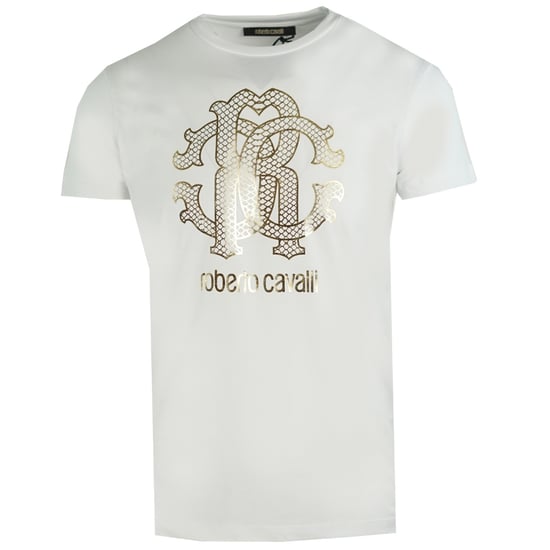Roberto Cavalli Gold Snake Skin Logo White T-Shirt