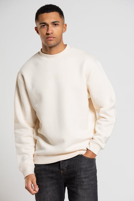 Beige Cotton Blend Crew Neck Long Sleeve Tonal Sweatshirt