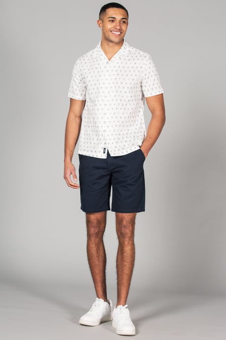 White Cotton Short Sleeve Button-Up Printed Shirt