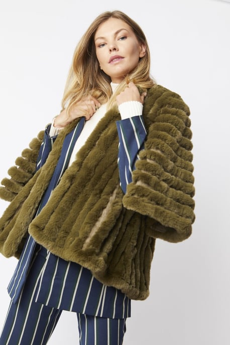 Faux Fur Faux Suede Striped Cape Coat