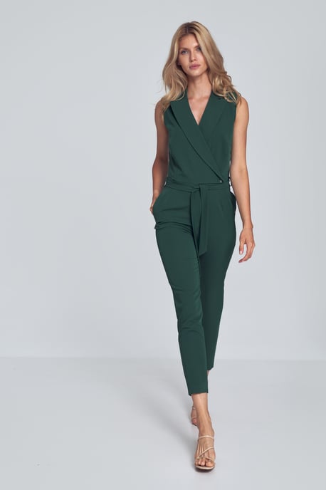 Green V-Neck Jumpsuit with Collar