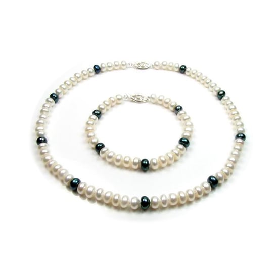 White and Black Freshwater Pearl Necklace and Bracelet Set and Silver Clasp