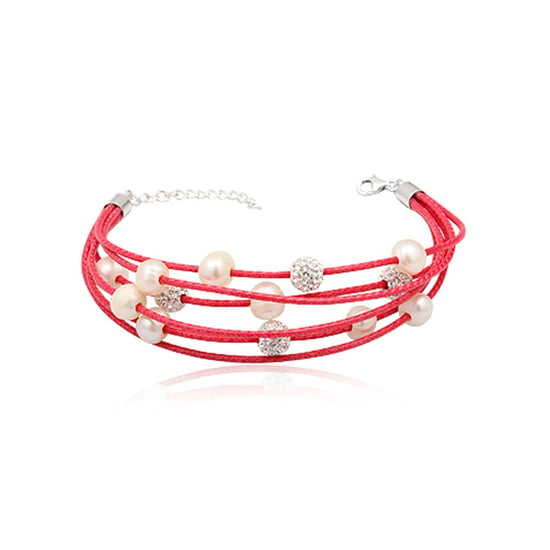 Bracelet 5 rangs Cuir Rose, Perles blanches et Perles de Cristal Blanc, Argent 925 - Image 1