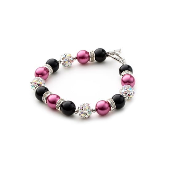Pink and Black Pearls, Crystal and Rhodium Plated 1 Row Bracelet