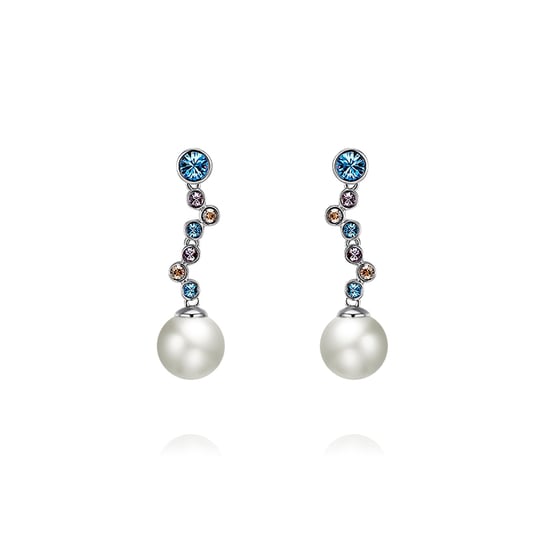 Swarovski - White Pearl and Swarovski Crystal Elements Waterfall Blue Earrings and Rhodium Plated