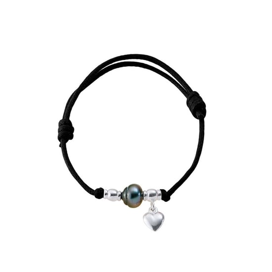 Bracelet Ajustable Femme Perle de Tahiti, Coeur en Argent Massif 925/1000 et Coton Ciré Noir - Image 1