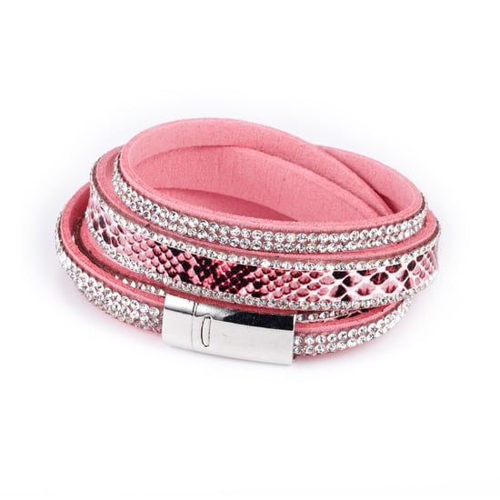 Swarovski - White Swarovski Crystal Elements 2 rows Bracelet and Pink leather