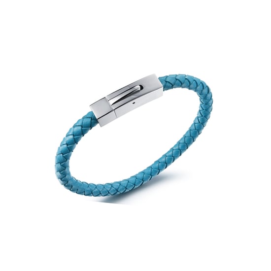 Blue Braided Leather and Stainless Steel Man Bracelet