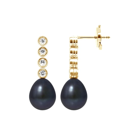 Boucles d'Oreilles Femme Perles de Culture Noires, Diamants 0.24 cts et Or Jaune 750/1000 - Image 1