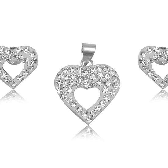 White Crystal Heart Pendant and Earrings Set and 925 Silver