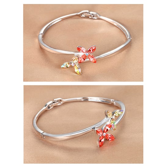 Swarovski - Pink and White Swarovski Crystal Elements Flower and Rhodium Plated Bracelet Bangle
