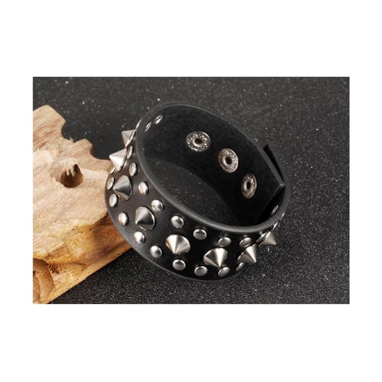 Black Leather and Stainless Steel Punk Man Bracelet
