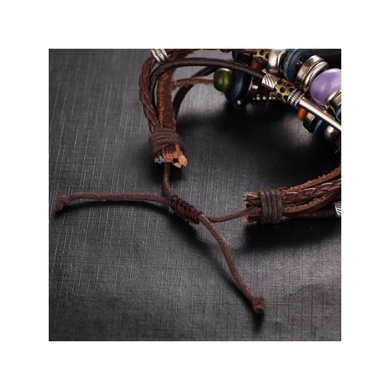 Brown Leather Multi Rows Beads, Fish and Stainless Steel Man Bracelet