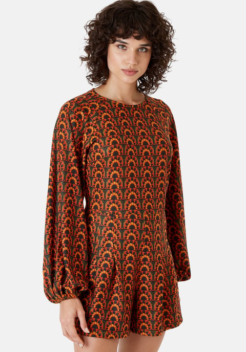 Bambi Tile Print Jersey Playsuit in Orange and Green