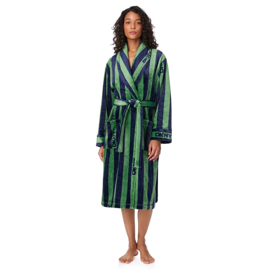 DKNY Fleece-Bademantel mittellang mit langen Ärmeln Grün gestreift - Image 1