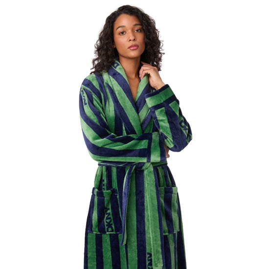 DKNY Fleece-Bademantel mittellang mit langen Ärmeln Grün gestreift - Image 3
