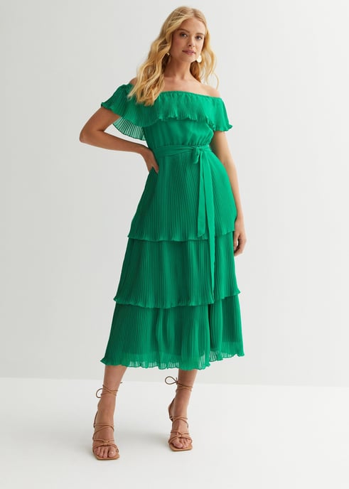 Groene gestreepte bardot midaxi jurk - Image 1
