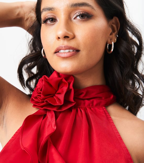 Red Corsage Frill Halter Neck Top - Image 2