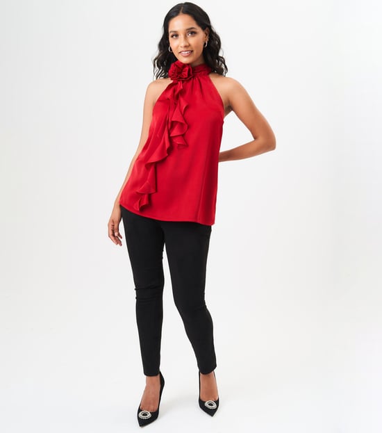 Red Corsage Frill Halter Neck Top - Image 3