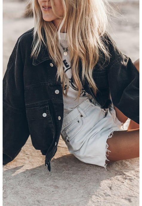 Schwarze Metallknöpfe Klappen-Taschen Oversized Jeansjacke - Image 2