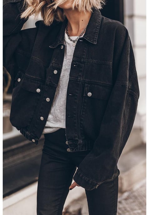 Schwarze Metallknöpfe Klappen-Taschen Oversized Jeansjacke - Image 6