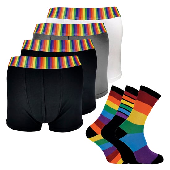 Herren Regenbogen Socken & Boxerset | 4er Pack Boxershorts & 3er Pack gestreifte Muster Socken - Image 1