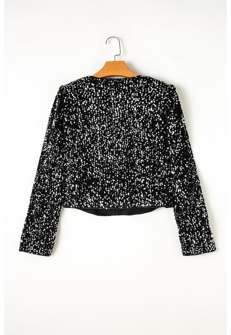 Schwarze Pailletten Offene Front Cropped Jacke - Image 2