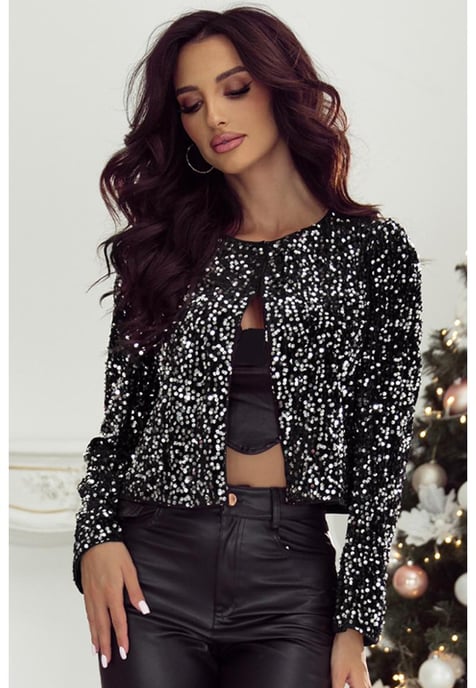 Schwarze Pailletten Offene Front Cropped Jacke - Image 5