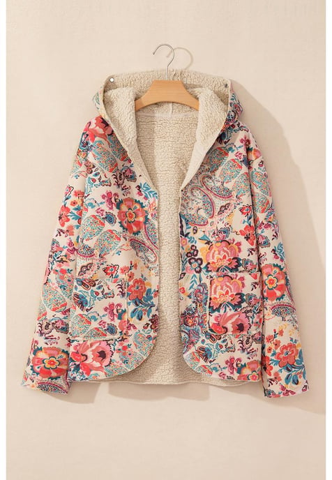 Beige Vintage Paisley Floral Bedruckte Sherpa-Futter Kapuzenjacke - Image 1
