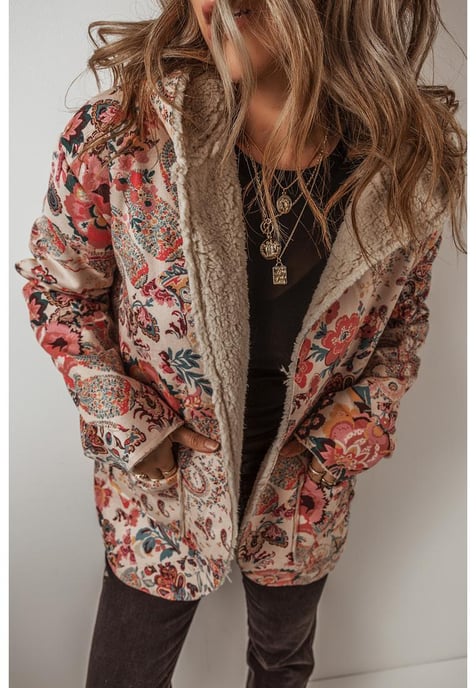 Beige Vintage Paisley Floral Bedruckte Sherpa-Futter Kapuzenjacke - Image 6