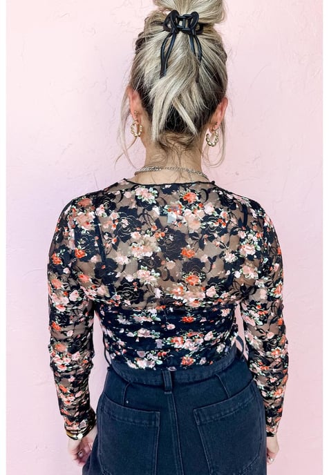 Schwarzes Blumendesign Netz Half-Bluse mit langen Ärmeln - Image 3