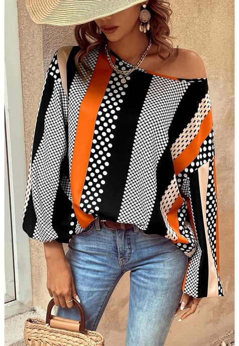 Orange-Punkte Vertikale Streifen Bedruckte Puffärmel Bluse - Image 1