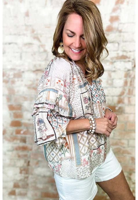 Mehrfarbiges Boho-Blumen-Patch mit Rüschensleeves und gebundenem Kragen Bluse - Image 1
