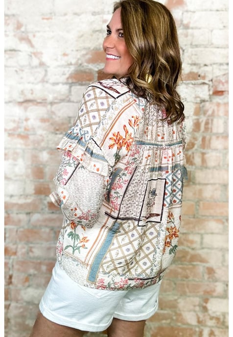 Mehrfarbiges Boho-Blumen-Patch mit Rüschensleeves und gebundenem Kragen Bluse - Image 2