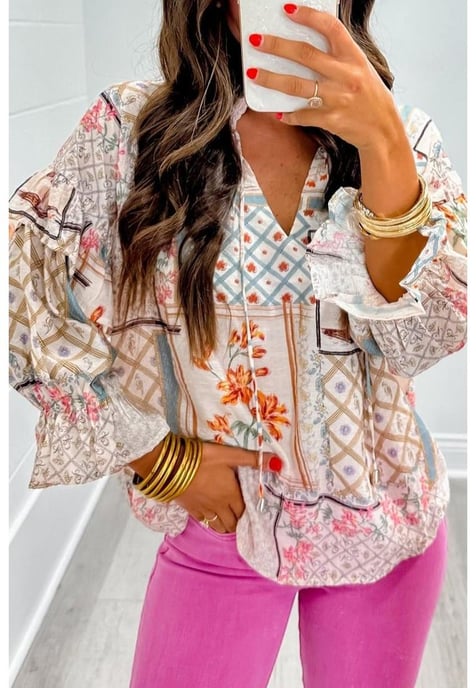 Mehrfarbiges Boho-Blumen-Patch mit Rüschensleeves und gebundenem Kragen Bluse - Image 3