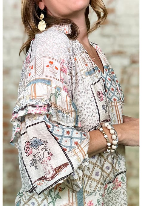 Mehrfarbiges Boho-Blumen-Patch mit Rüschensleeves und gebundenem Kragen Bluse - Image 5