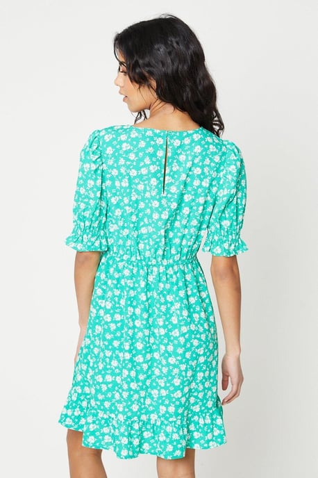Petite Green Floral Frill Hem Mini Dress - Image 3
