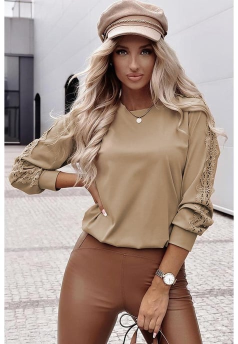 Leichter Französischer Beiger Spitzen-Häkel-Patch Crew-Neck Top - Image 2
