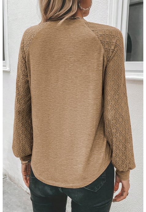 Licht Französisches Beige Kontrast Spitze Raglan Ärmel Plissee Rundhals Top - Image 2