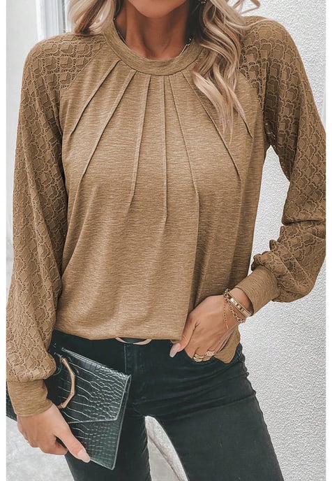 Licht Französisches Beige Kontrast Spitze Raglan Ärmel Plissee Rundhals Top - Image 3