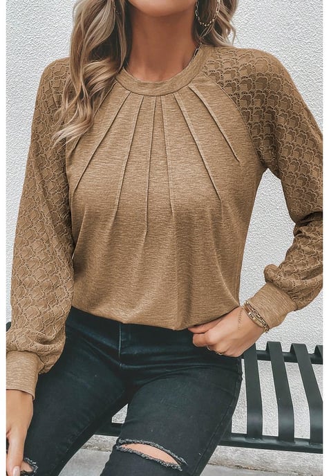 Licht Französisches Beige Kontrast Spitze Raglan Ärmel Plissee Rundhals Top - Image 4