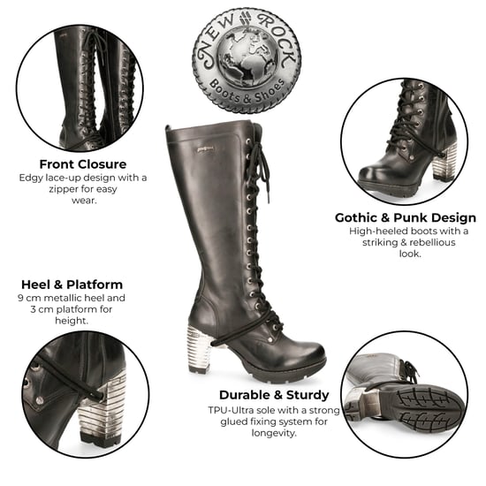 New Rock M-TR005-S1 Kniehohe schwarze Gothic-Stiefel mit hohem Absatz für Damen - Image 2