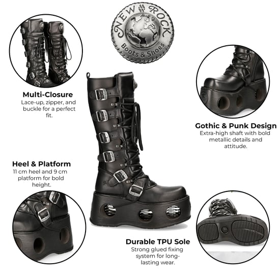 New Rock M-272-S2 Neptuno Metallic Kniehohe schwarze Gothic-Stiefel aus Leder - Image 2
