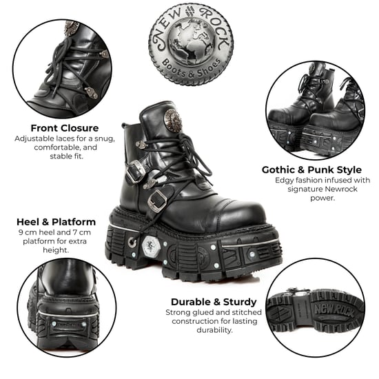New Rock M-TANK007-S1 Gothic Combat Plateau-Stiefeletten aus schwarzem Leder - Image 2